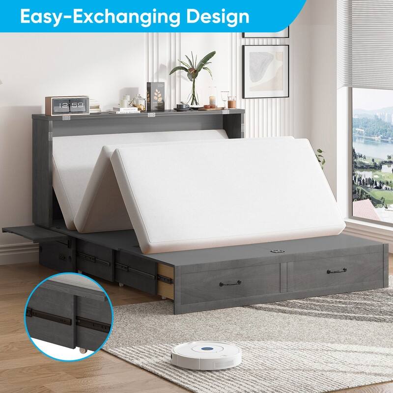 Mixoy Queen Murphy Bed Chest with Charging Station and Storage Drawer,No Mattress