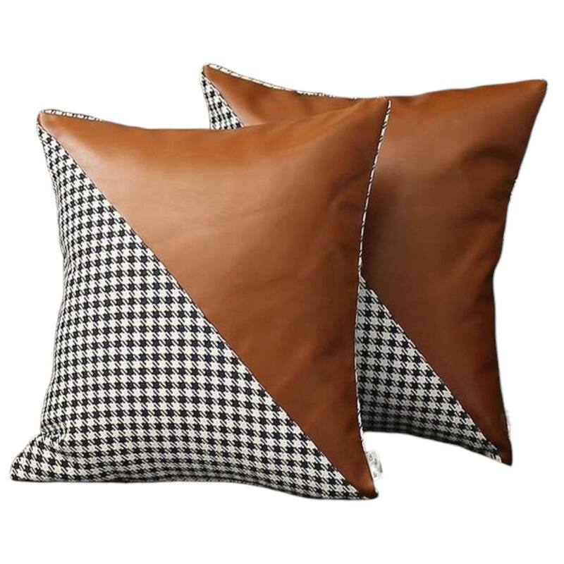 HomeRoots Set Of Two 18" X 18" Brown And Black Polyester Houndstooth Zippered Pillow