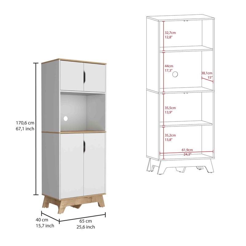 Microwave Tall Cabinet Counter Surface, Top And Lower Double Doors Cabinets -Light Oak / White