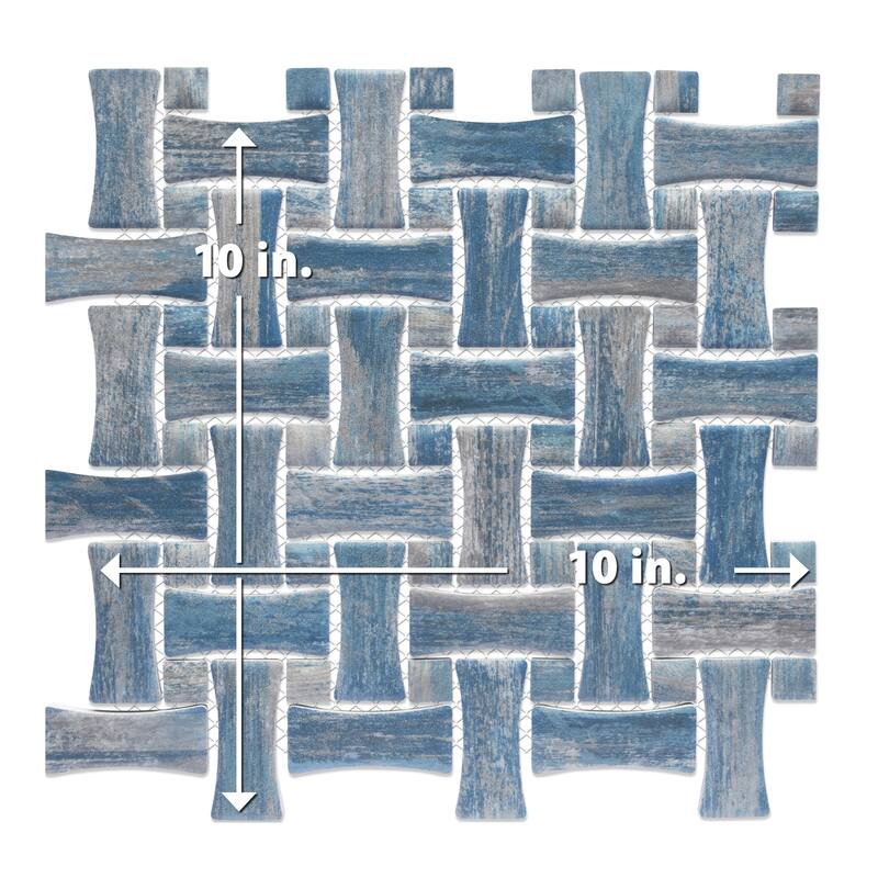 Merola Tile Cassis Dog Bone Basketweave Blue w/ Blue Dot 10" x 10" Porcelain Mosaic Floor and Wall Tile