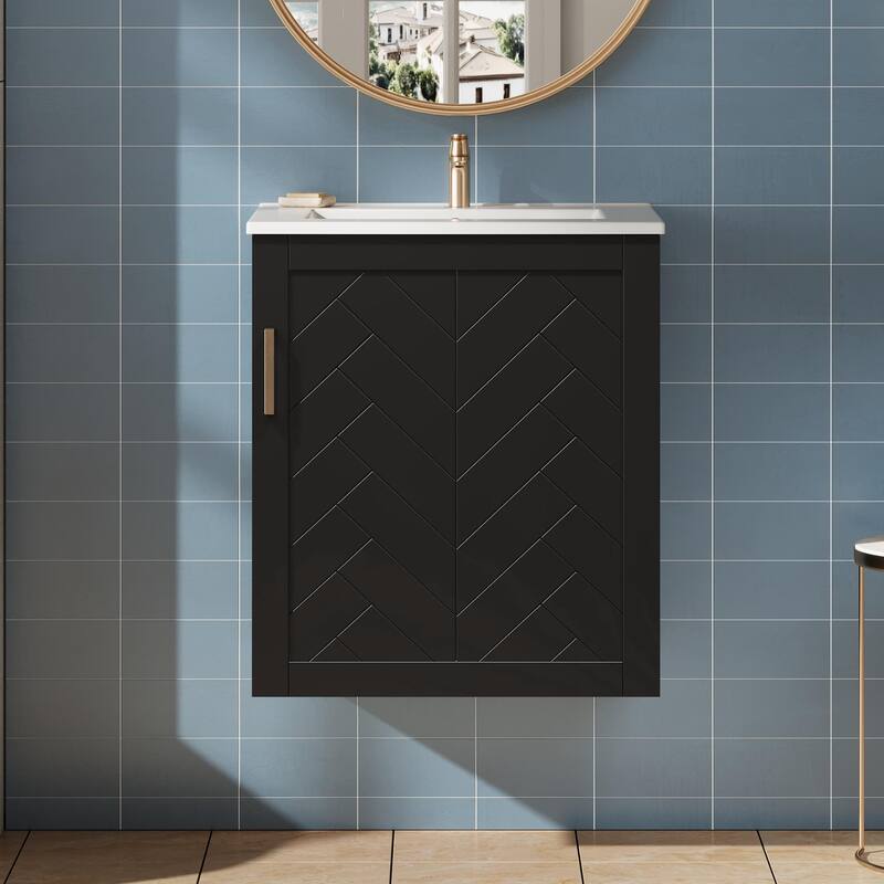 20" Small Floating Bathroom Vanity with Ceramic Sink Combo, Wall Mounted Bathroom Cabinet with Side Shelf
