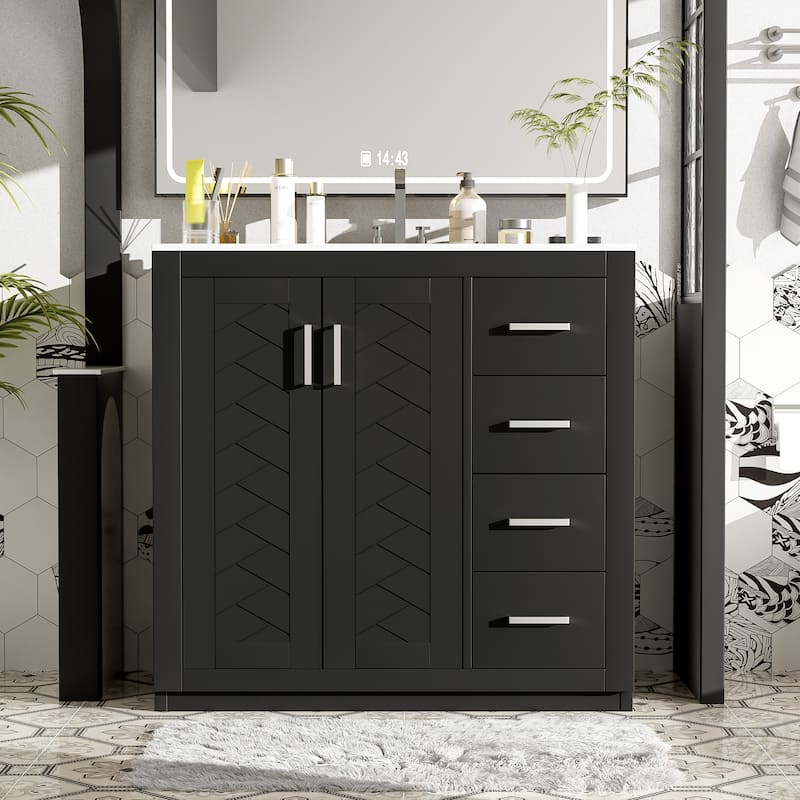 Modern 36-Inch Bathroom Vanity Combo with Ceramic Sink, Solid Wood Cabinet, 3 Drawers & Soft-Close Doors