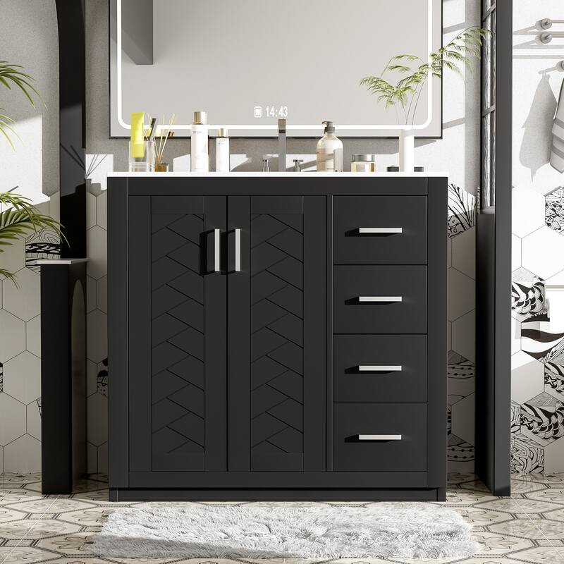 Roomfitters 36" Vanity with Ceramic Sink, Solid Wood Freestanding Cabinet with 3 Drawers and Soft Closing Doors - Black