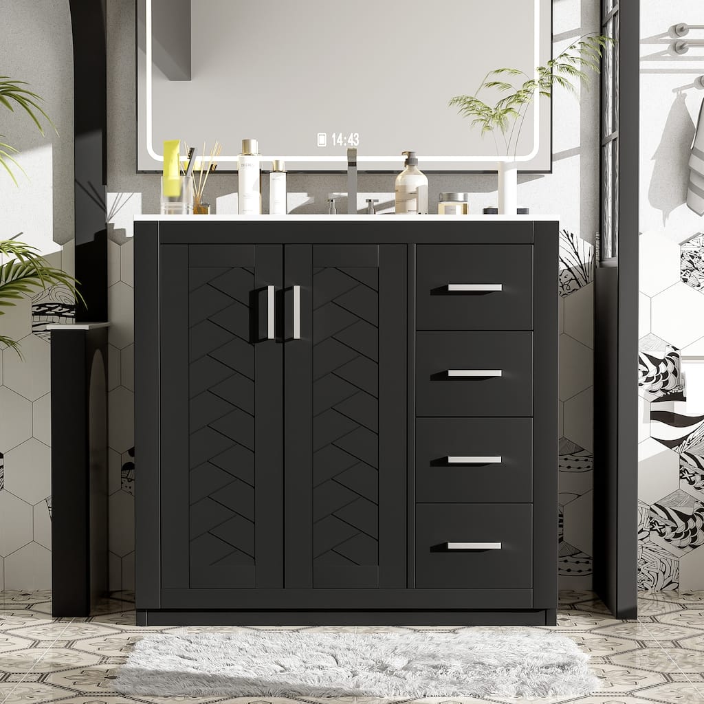 Roomfitters 36" Vanity with Ceramic Sink, Solid Wood Freestanding Cabinet with 3 Drawers and Soft Closing Doors