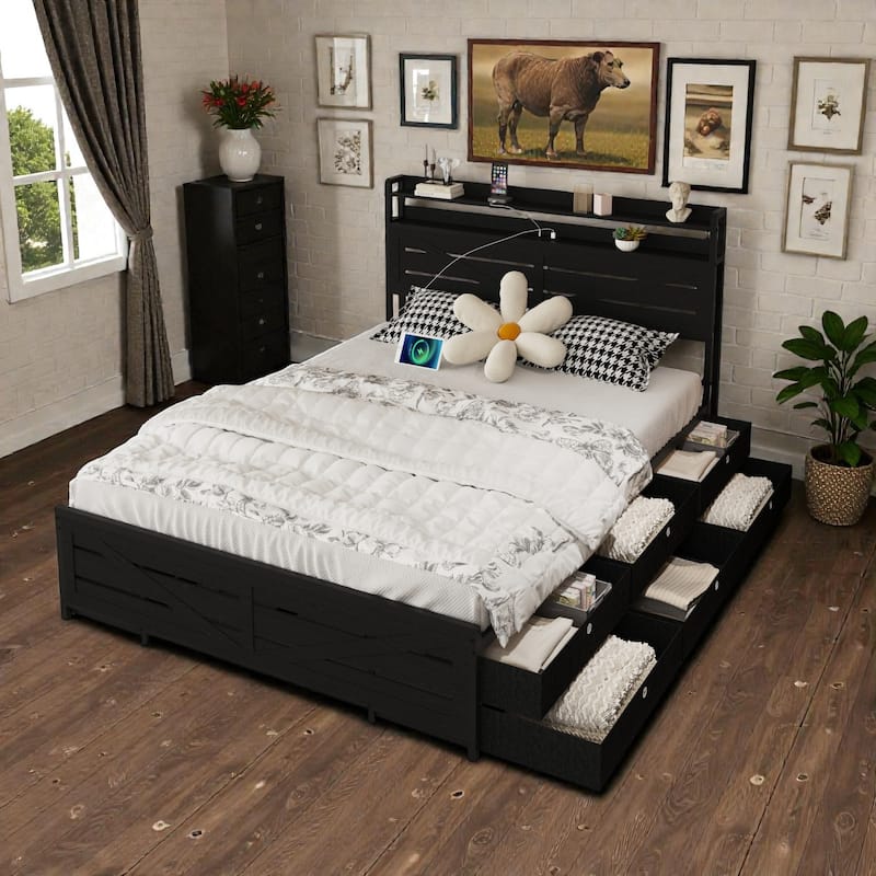Full Size Bed Frame with Storage Headboard and 12 Drawers, LED Lights, Metal Platform Bed No Box Spring
