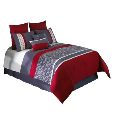 8 Piece Queen Comforter Set with Printed Trellis Pattern, Red