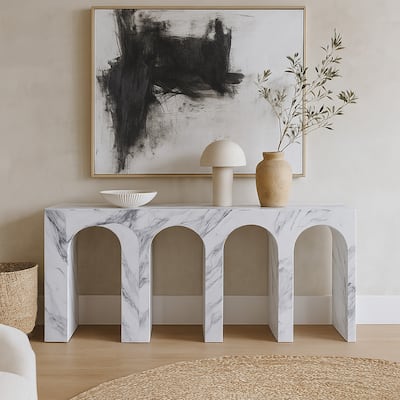 Ritzy Console Table, White Marble Faux Stone, Arched Design, 59 Inch