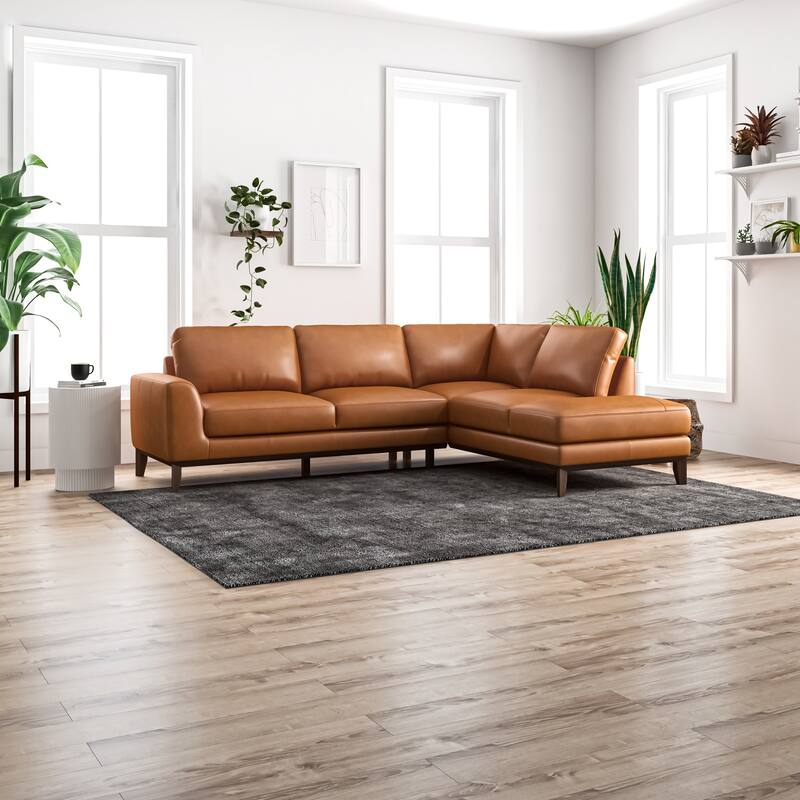Modern Milton Cognac Tan Top Leather Corner Sectional Sofa (Right Chaise)