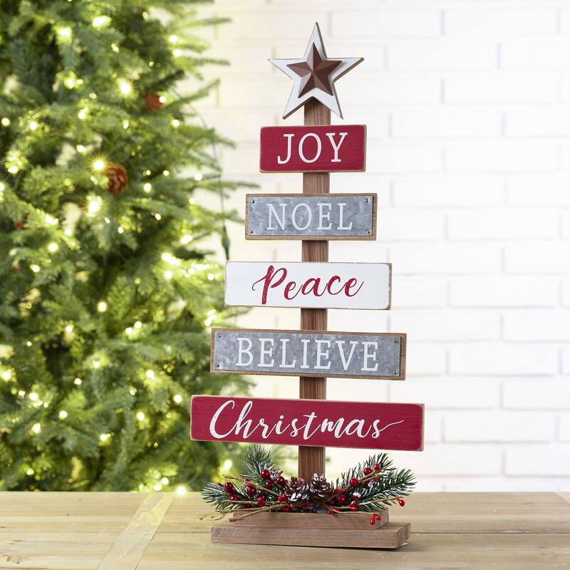 Glitzhome Wooden JOY Nativity Xmas Table Tree Centerpiece Home Decor