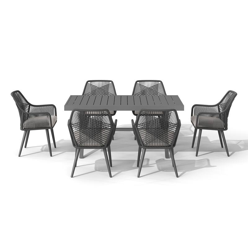 Expandable Aluminum Outdoor Dining Set with 6 Woven Rattan Chairs