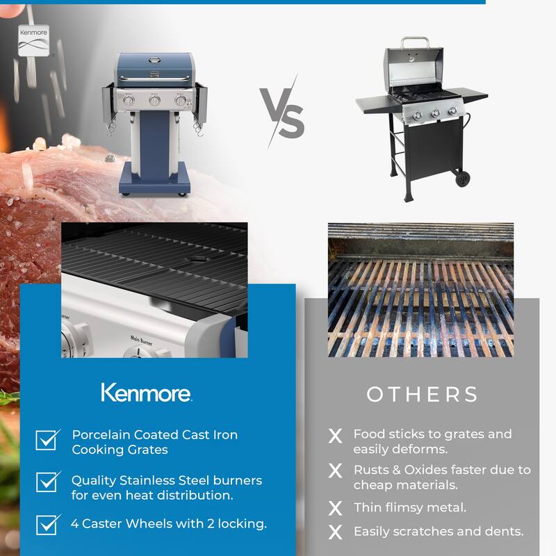 Kenmore 3-Burner Propane Gas Grill with Foldable Side Shelves