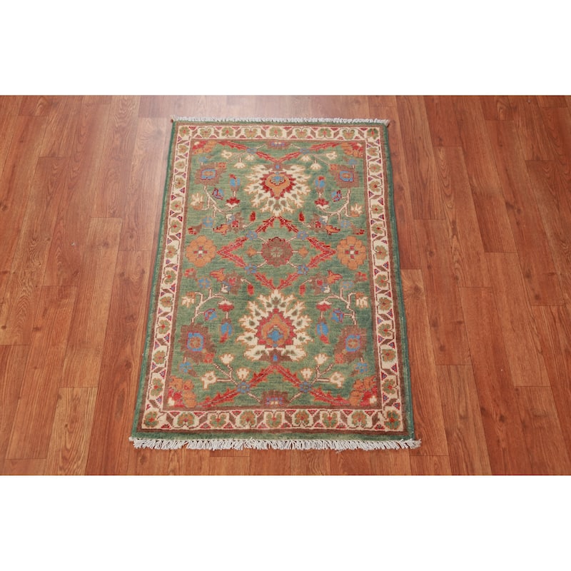 Green Floral Kazak Oriental Accent Foyer Rug Hand-Knotted Wool Carpet - 2'0"x 3'0"