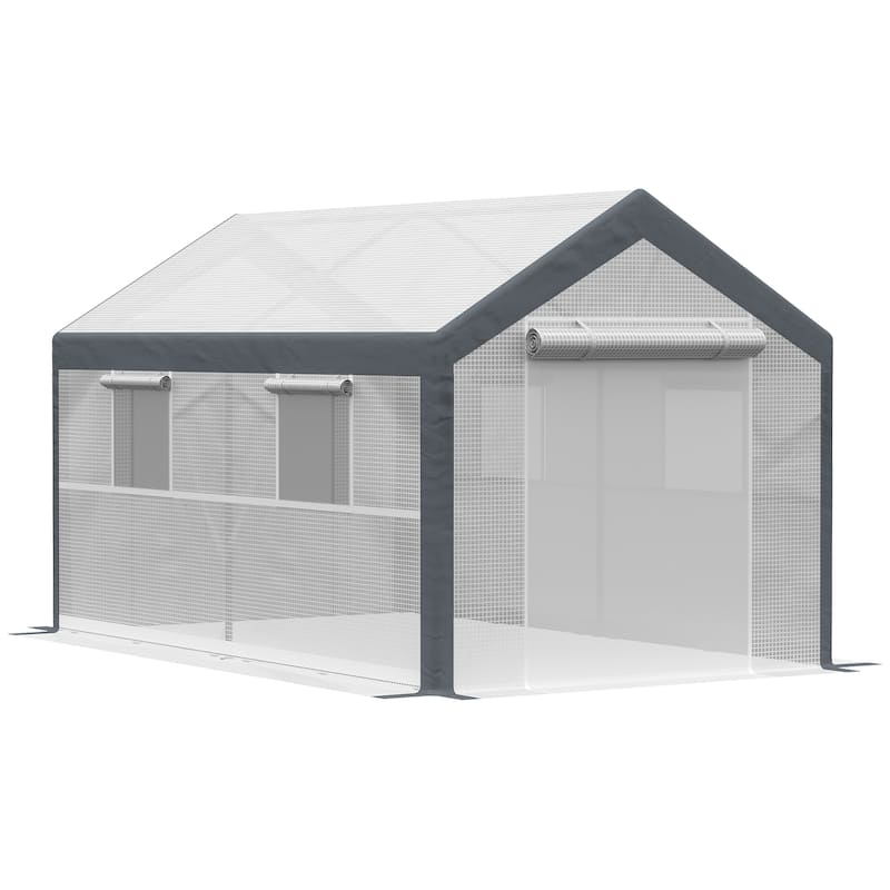 12' x 7' Walk-In Greenhouse with Roll-Up Windows and Zippered Doors, White - White