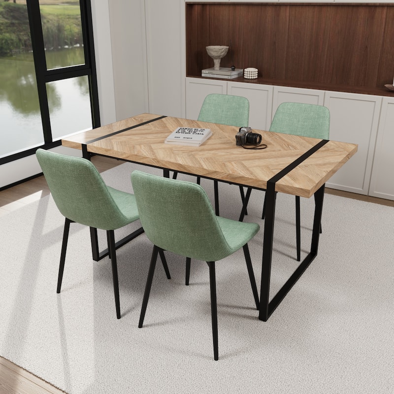 Modern 5-Piece Dining Set with Light Wood Rectangular Metal Base Table & 4 Square Corner Suede Chairs