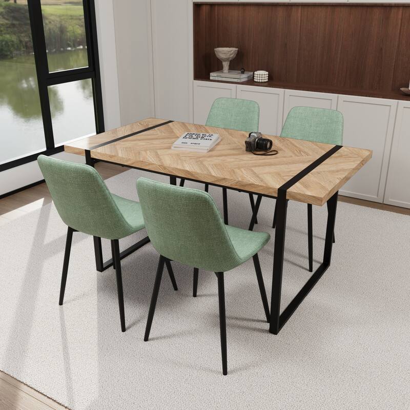Modern Style 5-Piece Dining Set with Light Wood Rectangular Metal Base Table and 4 Square Corner Suede Dining Chairs