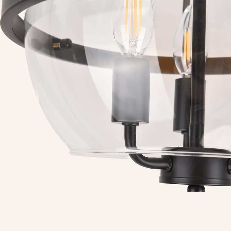 3-Light Industrial - Style Black - Framed Clear Glass Globe Flush Mount Ceiling Light - Matte Black
