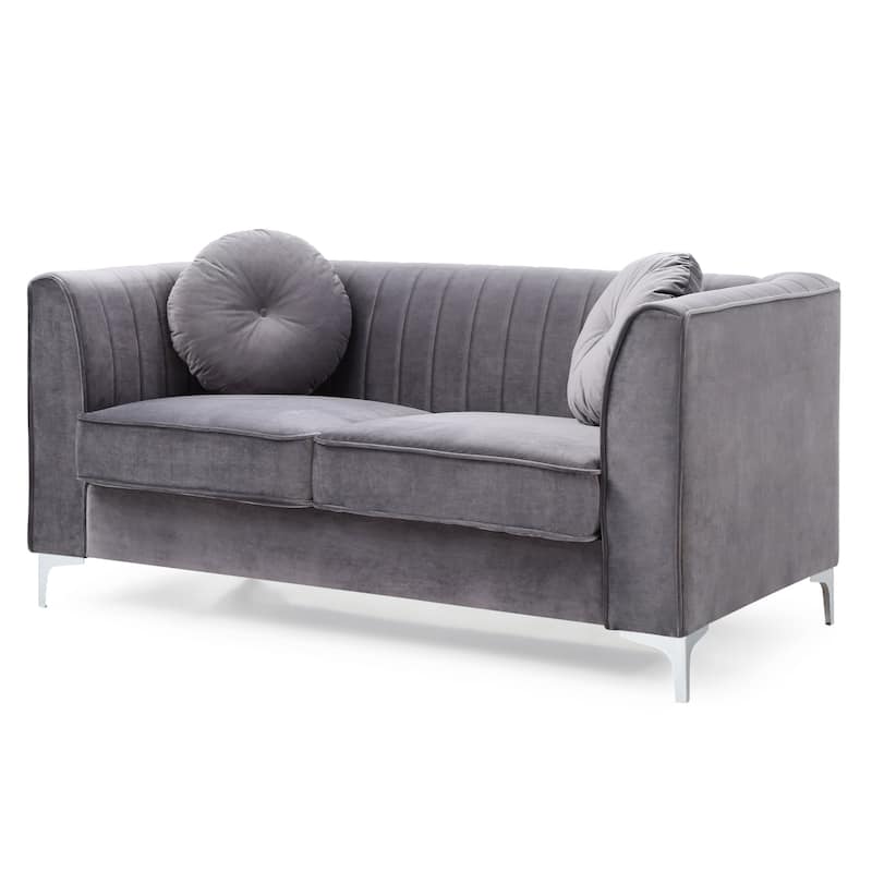 Velvet Microsuede Channel Tufted Loveseat with Throw Pillows - 65" - Gray