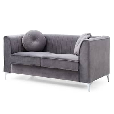 Velvet Microsuede Channel Tufted Loveseat with Throw Pillows - 65" - Gray