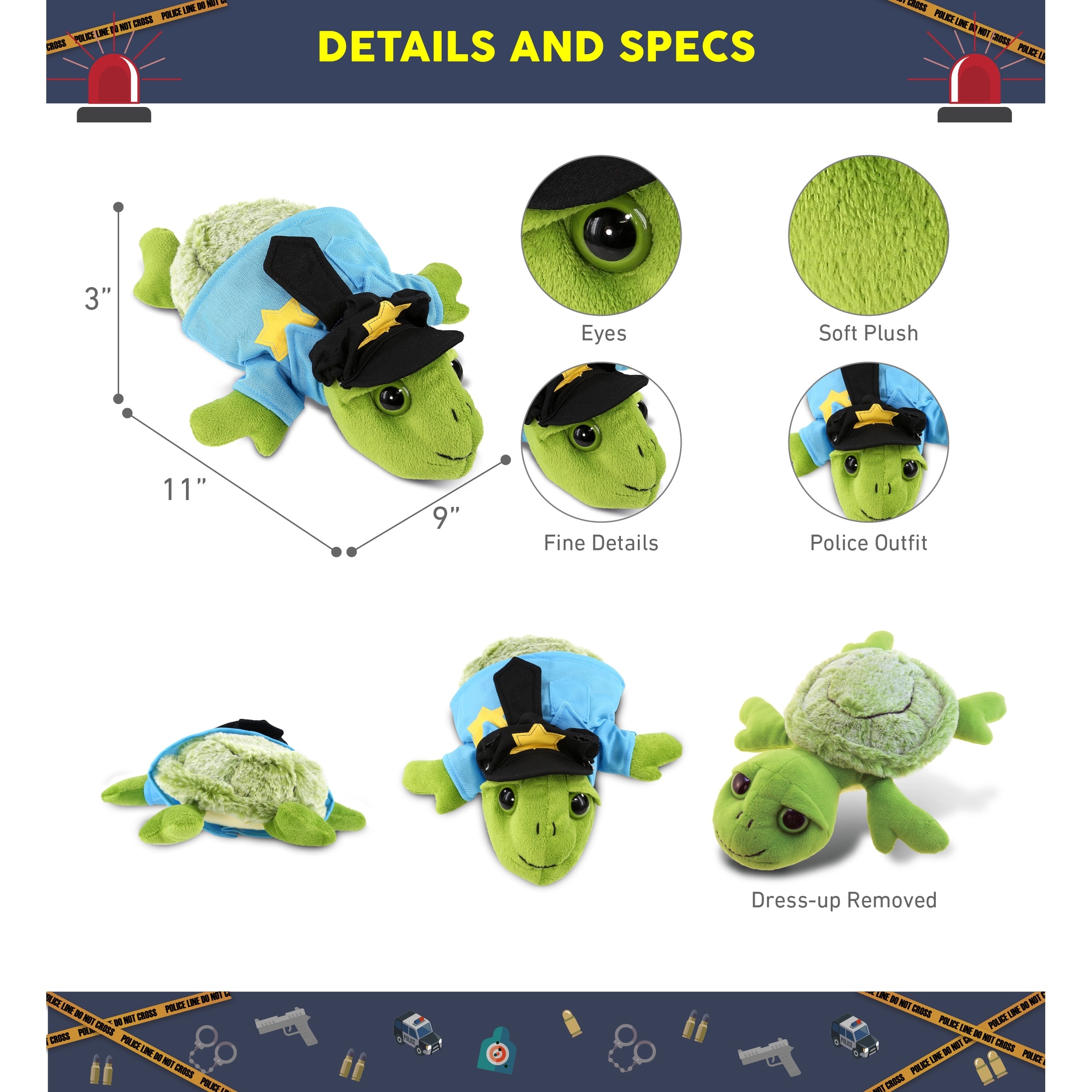 DolliBu Sea Turtle Small Police Officer Plush with Cop Uniform and Cap 11 inches Green Polyester