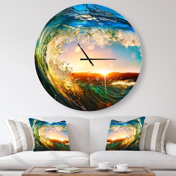 slide 2 of 10, Designart 'Colored Ocean Waves Falling Down' Oversized Coastal Wall CLock