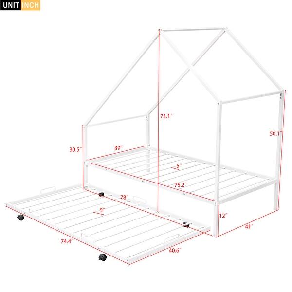 Twin Size Metal House Bed with Pull-Out Trundle , Spacious Design, Sturdy Construction
