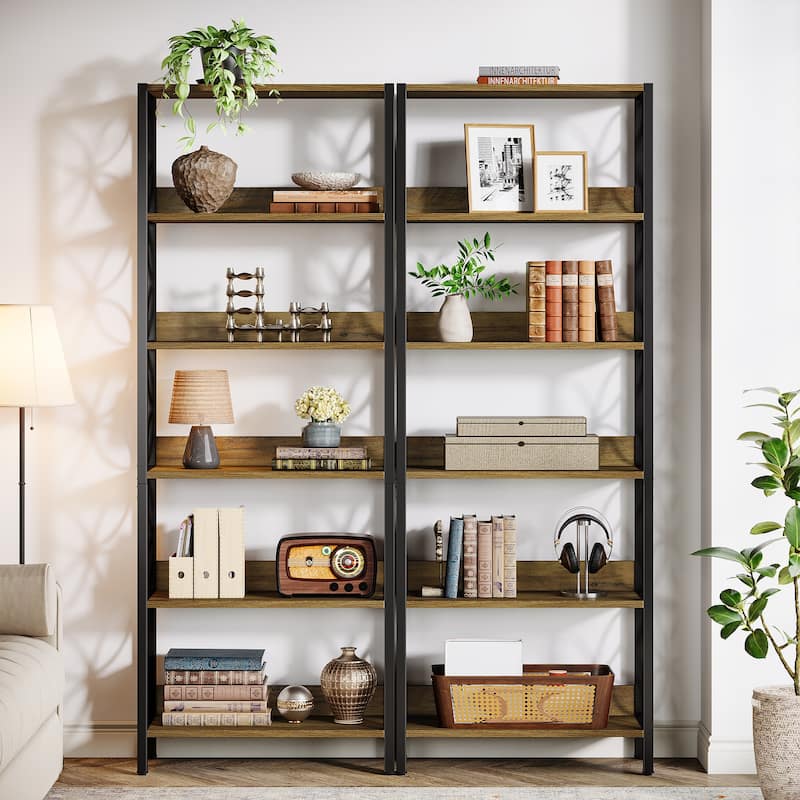 6-Tier Tall Bookcase with Metal Frame for Small Spaces - Black/Brown