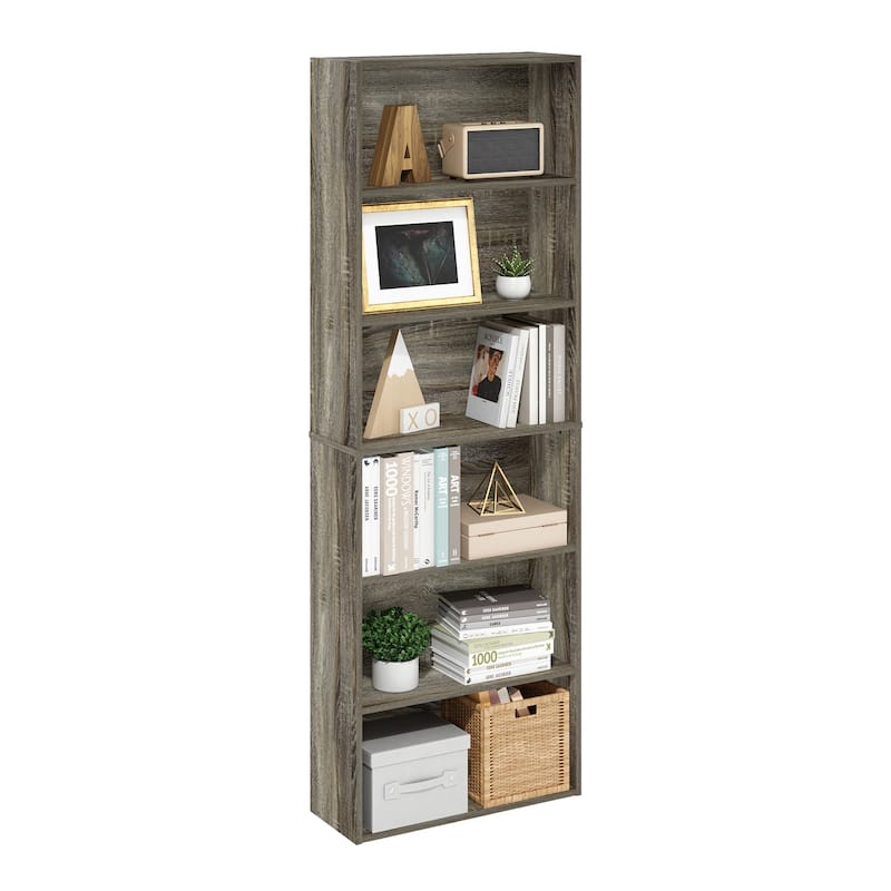 71 in. Tall French Oak Grey Wood 6-Shelf Bookcase