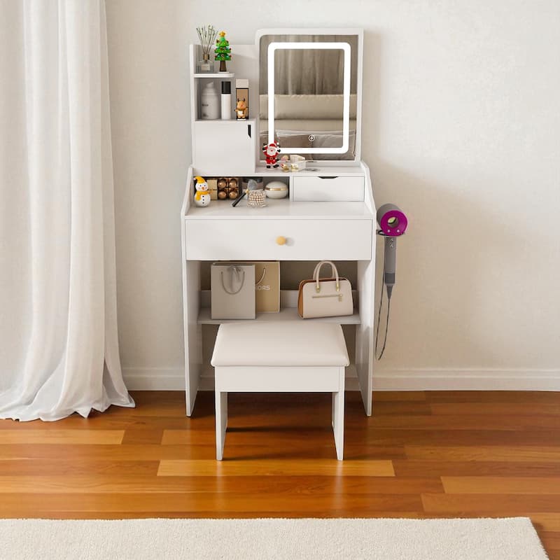 Vanity Desk with LED Mirror, Power Outlet, 3 Drawers, 7 Shelves and Storage Stool, Makeup Table for Women
