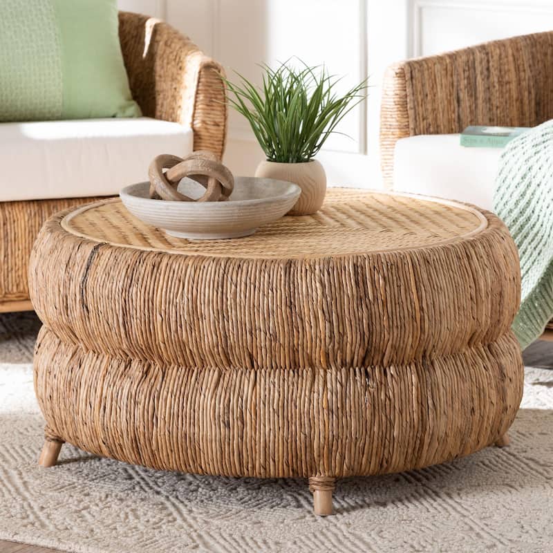 Roma Rattan and Seagrass Coffee Table - Low Profile Boho Accent Table with Textured Design and Natural Finish