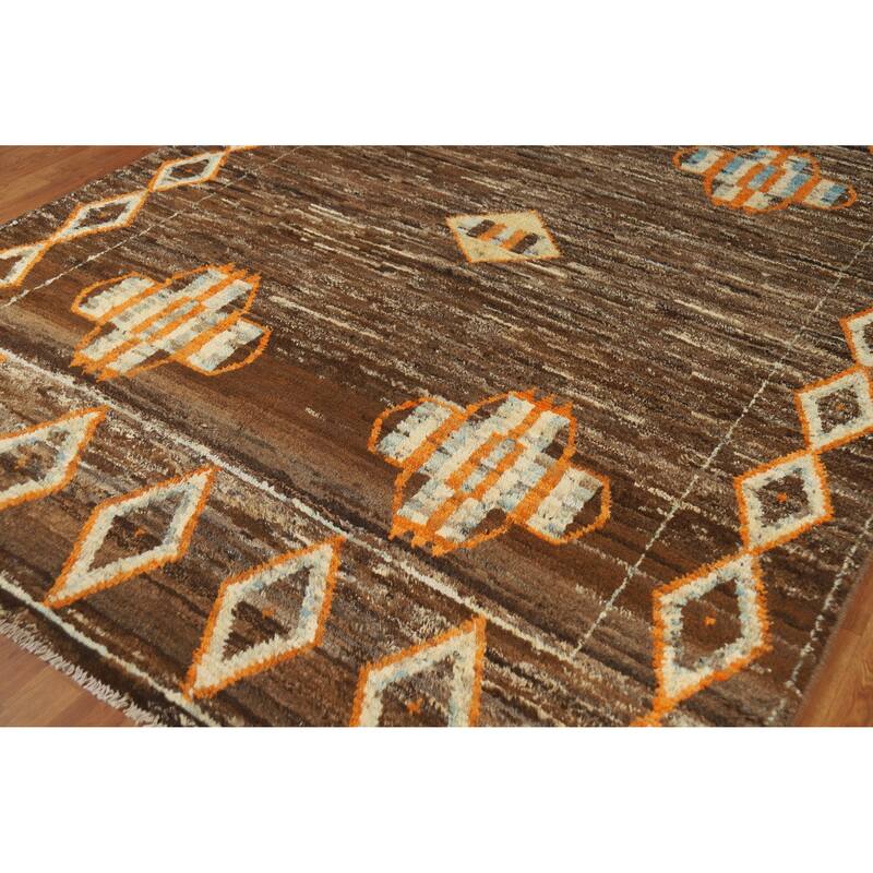 Brown Moroccan Oriental Area Rug Hand-Knotted Wool Carpet - 6'11" x 9'5"