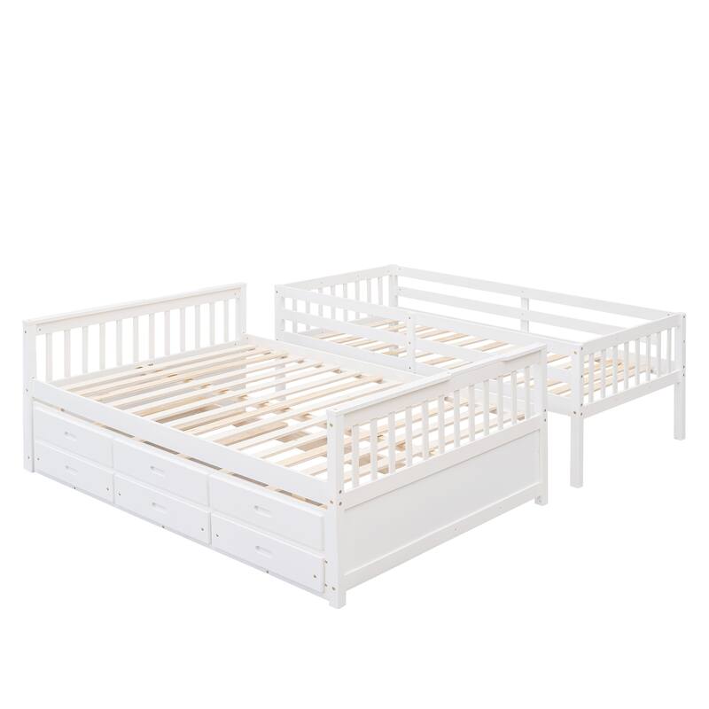 Twin-Over-Full Bunk Bed with Twin Trundle, Space-Saving Design with Drawers, White
