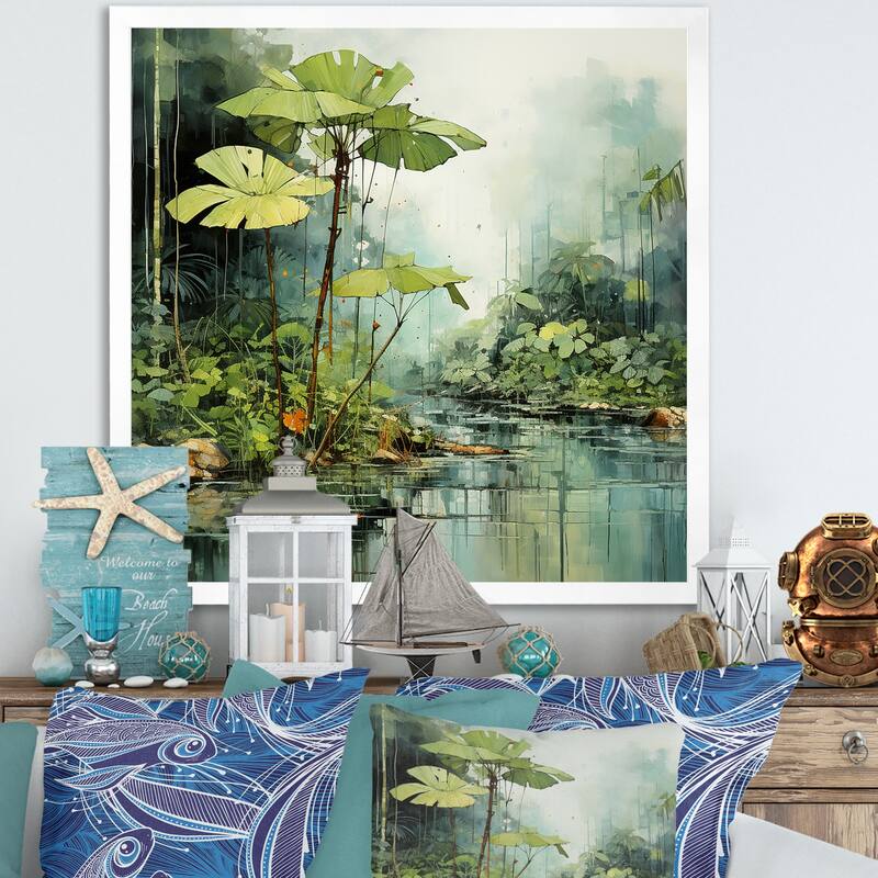 Designart "Tropical Jungle River II" Coastal Tropical Wall Decor Green Coastal Bedroom Framed Canvas Wall Art - 30 in. wide x 30 in. high - White