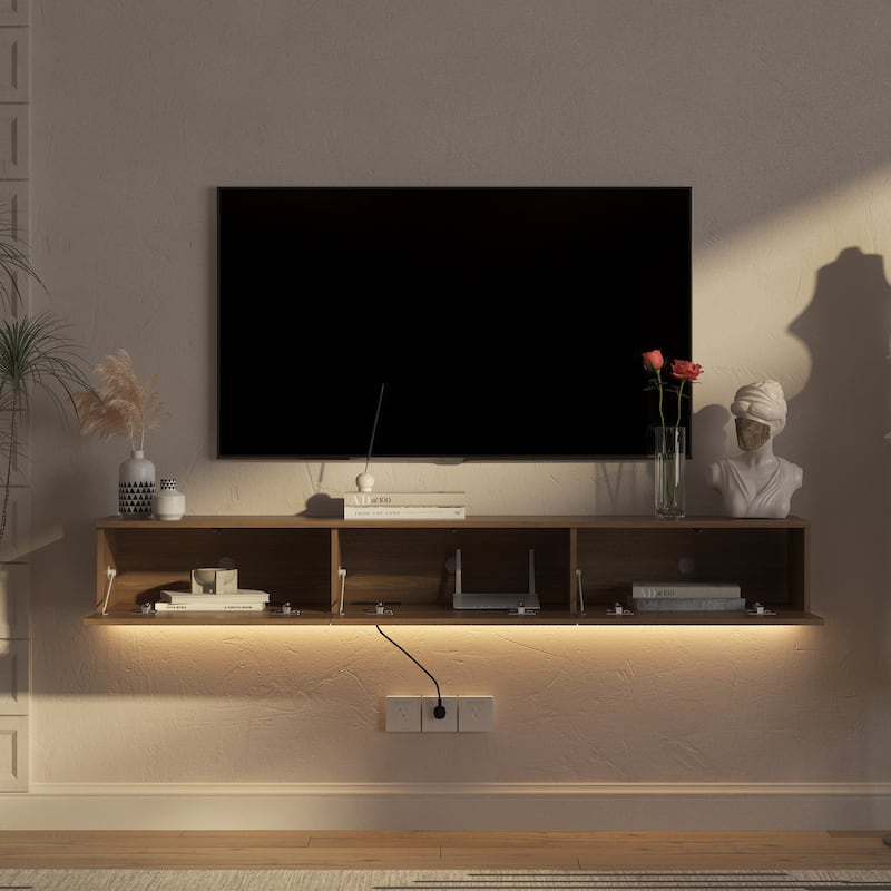 67" Floating TV Stand Wall Mounted Media Console with 16-Color LED Lights, Modern Entertainment Center