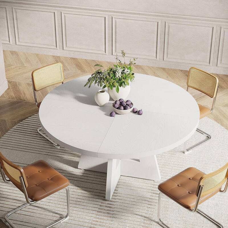 47" Round Farmhouse Dining Table -Wood Kitchen Table for 4, Cross Base Wooden Dinner Table for Dining Room, Breakfast Nook