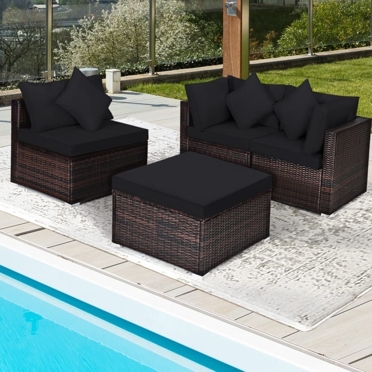 4 Pieces Patio Rattan Furniture Set with Removable Cushions and Pillows - Corner Sofa: 29" x 29" x 25"