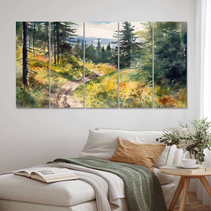 Designart "Little Road In Mountain Landscape VIII" Forest Multipanel Canvas Wall Art set - 60 In. Wide X 28 In. High - 5 Panels Equal Panels