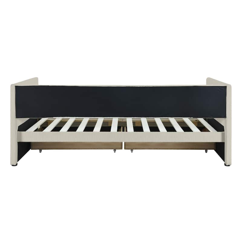 Twin Size Corduroy Daybed with Two Drawers and Wood Slat - Beige