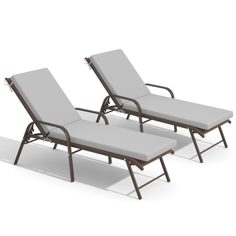 Outdoor Lounge Chairs Chaise Lounge Set with Adjustable Back and Cushions - Brown Fabric Chair with Light Grey Cushion