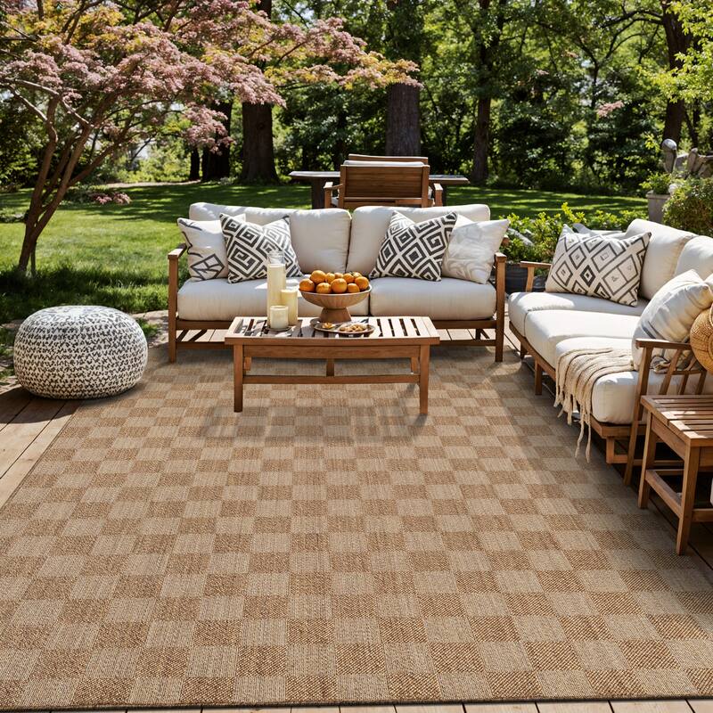 World Rug Gallery Checkered Indoor/Outdoor Flat Woven Area Rug - 9' x 12' - Sand
