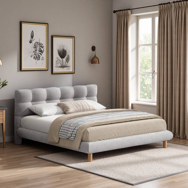 King Size Chenille Upholstered Platform Bed with Unique Curved Headboard, Grey Fabric, Sturdy Rubber Wood Frame, Easy Assembly - Grey - Full