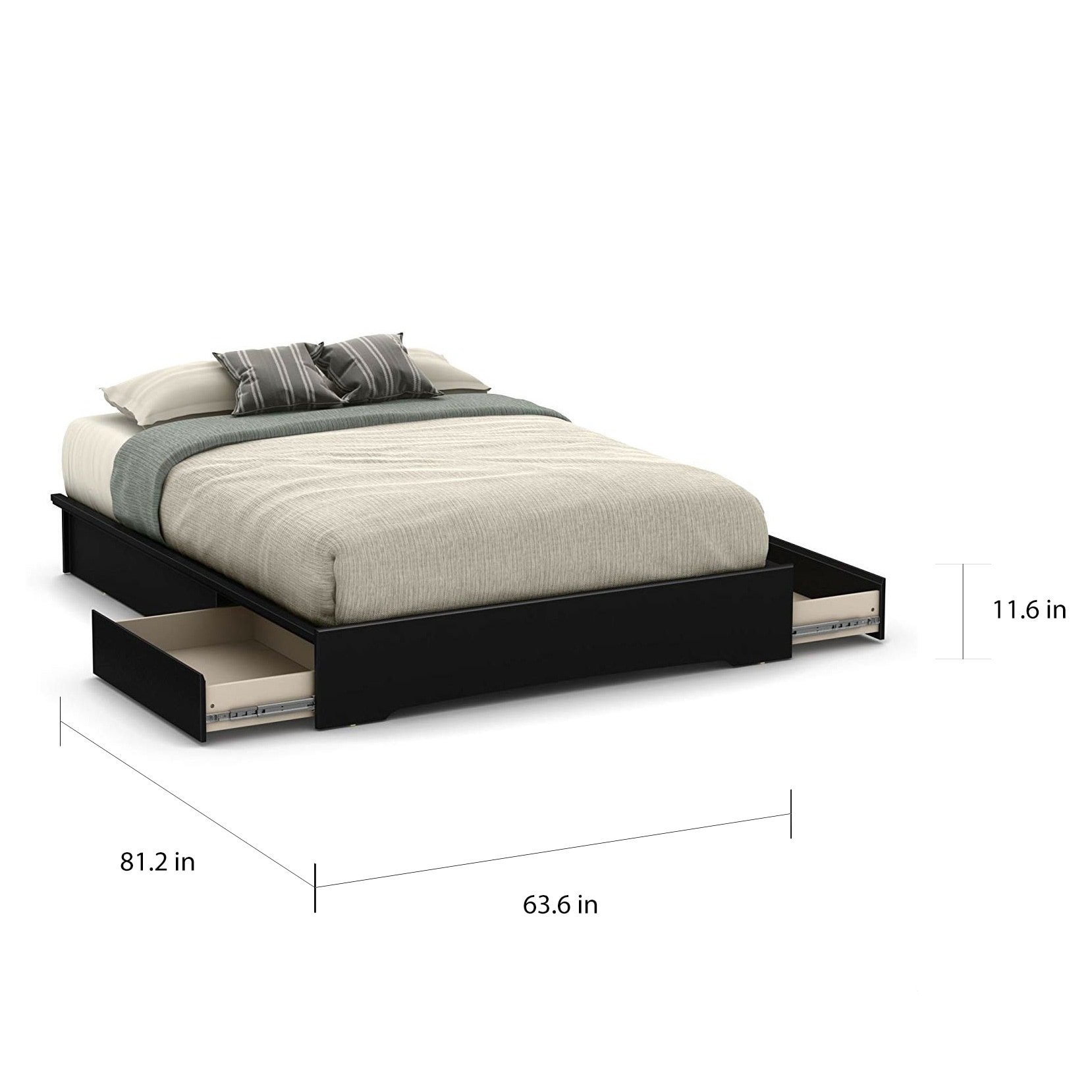 Queen Platform Bed Frame with 2 Storage Drawers in Black Wood Finish, image size:1658x1658