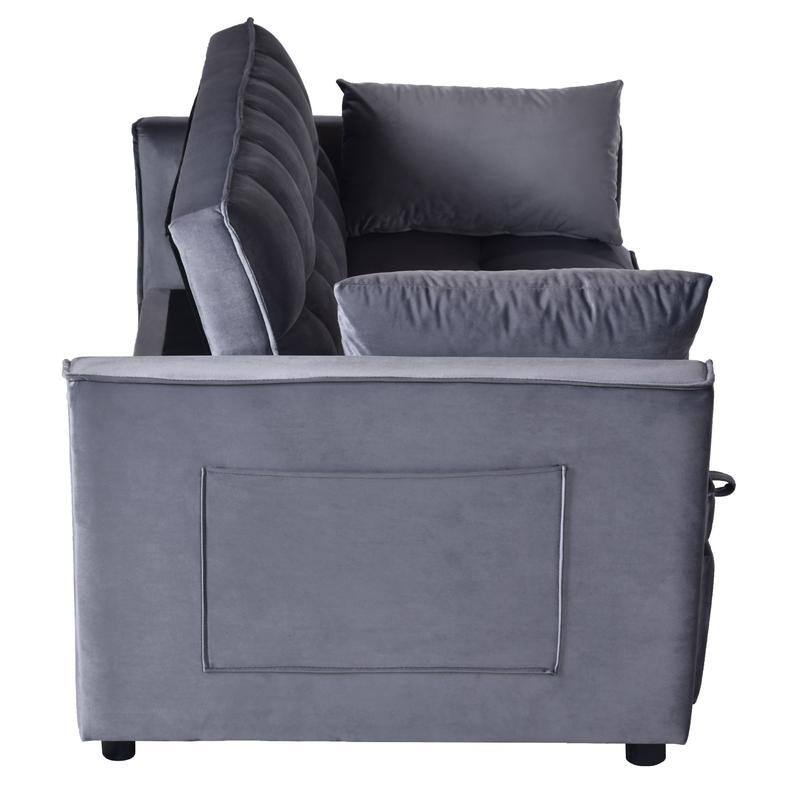Grey 3-in-1 Velvet Convertible Sofa Bed, Pullout Couch with Side Pockets, Made in Vietnam