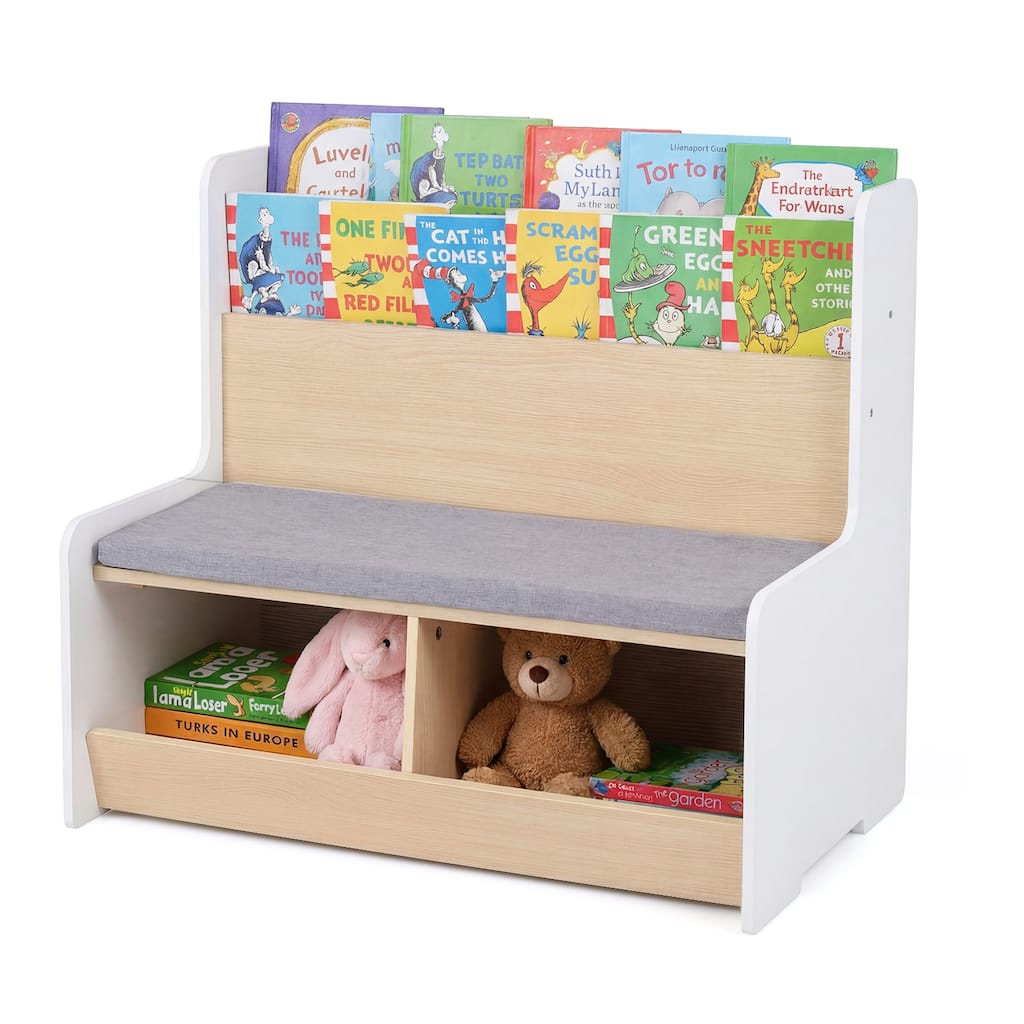 Gymax Kids Reading Nook w/Bench Bookshelf & 2 Cubbies Removable Padded
