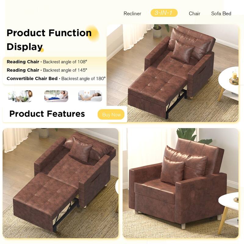 AECOJOY Adjustable Sleeper Chair Bed 3-in-1 Convertible Futon Sofa