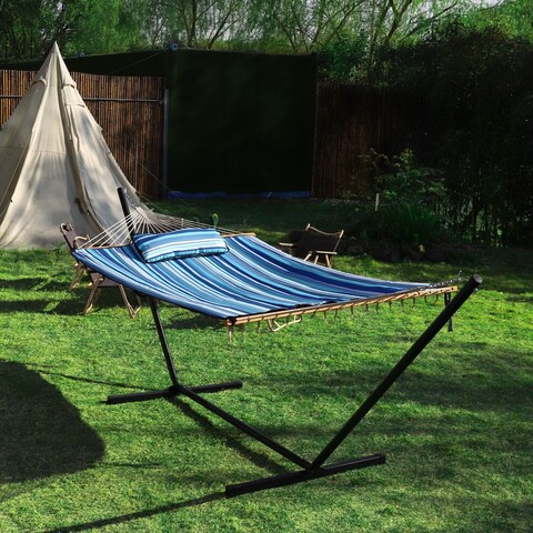 VEIKOUS 12 ft. Quilted 2-Person Hammock with Stand and Detachable Pillow