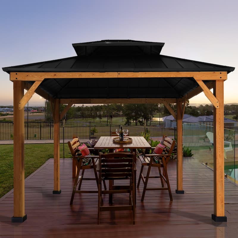 Cozywor 13 ft. x 11 ft. Wood Gazebo with Mosquito Netting Double Steel Roof Hardtop