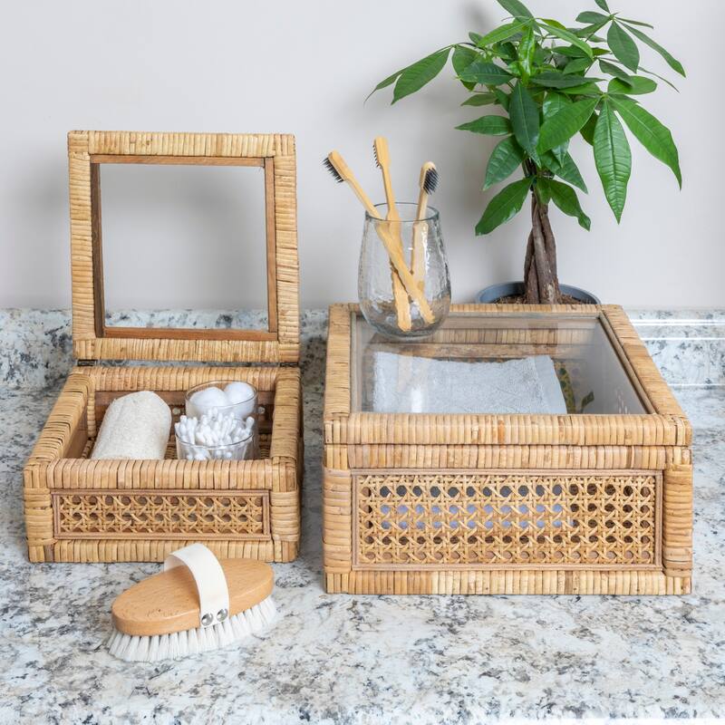 Woven Wood and Rattan Display Boxes with Glass Lids