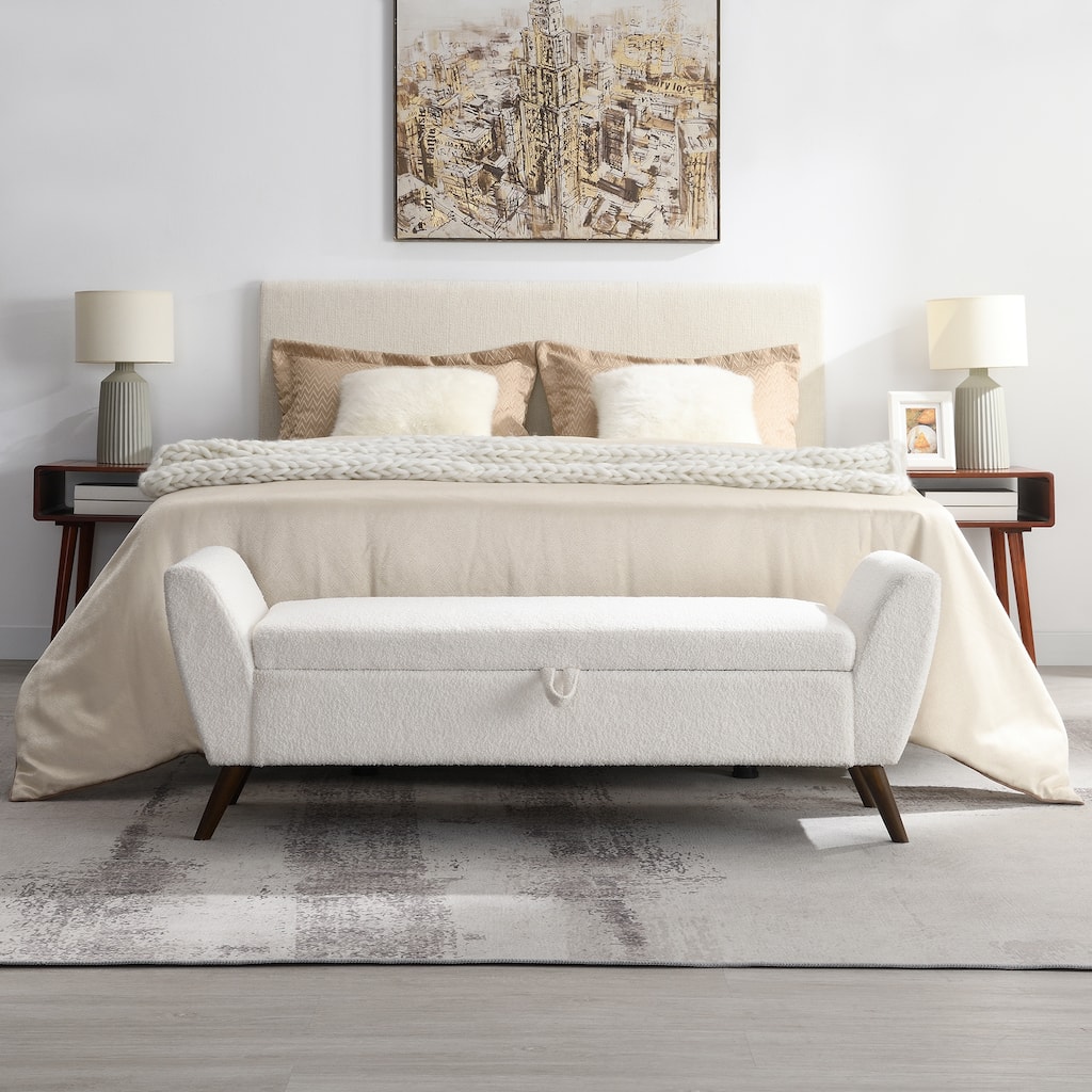 60" Modern Storage Bench with Mid-Century Wood Legs and Padded Seat