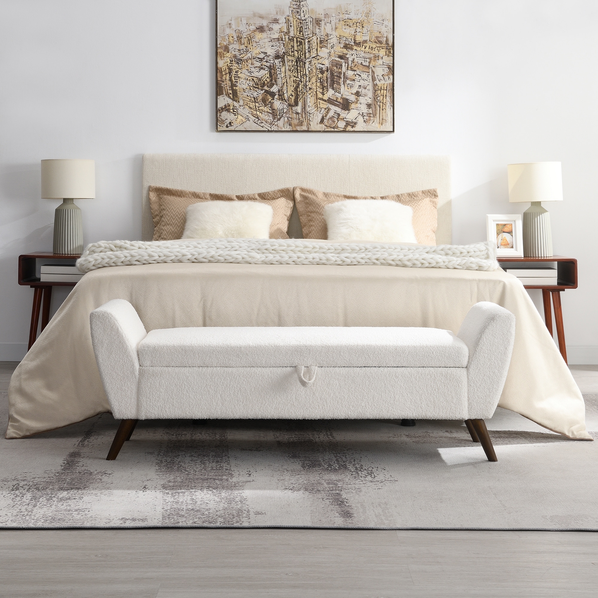 60" Modern Storage Bench with Mid-Century Wood Legs and Padded Seat
