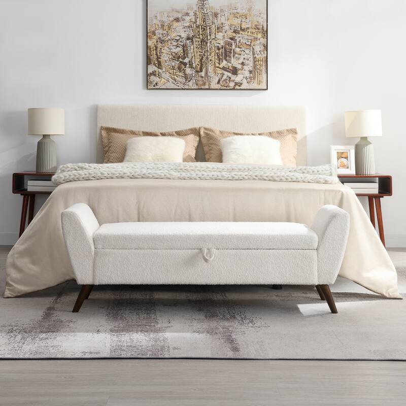 60" Modern Storage Bench with Mid-Century Wood Legs and Padded Seat - Cream